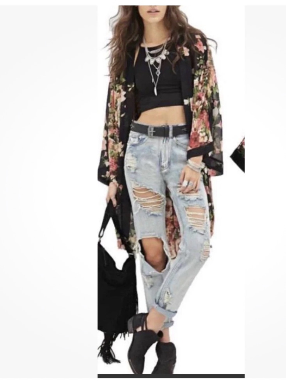 Torrid Burnout Velvet Open Kimono Black Pink Floral Print Boho Hippie Sz 3/4X